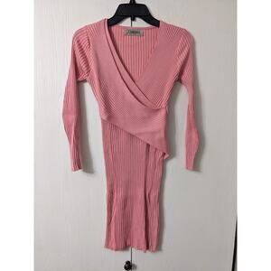 Tomsware Women's Long Sleeve Pink Ribbed Wrap V-neck Knee Length Dress Size S